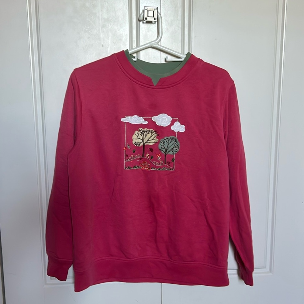 Hot pink embroidered crew neck, warm fall aesthetic